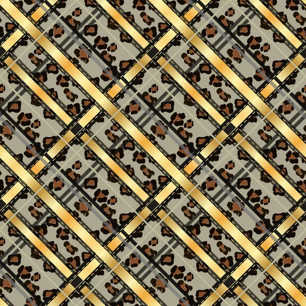 Schotse Tartan Grunge Naadloze Patroon Luipaard Plekken Tartan Met Leopard — Stockvector