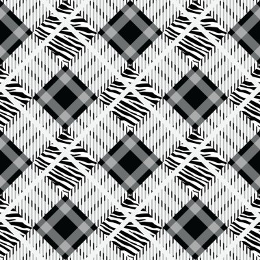 Ekose tartan Zebra çizgili desen ile sorunsuz. Zebra baskı, hayvan cilt, kaplan şeritleri, soyut desen, kumaş. Şaşırtıcı elle çizilmiş vektör çizim. Poster, afiş. Siyah-beyaz sanat eserleri, eps10