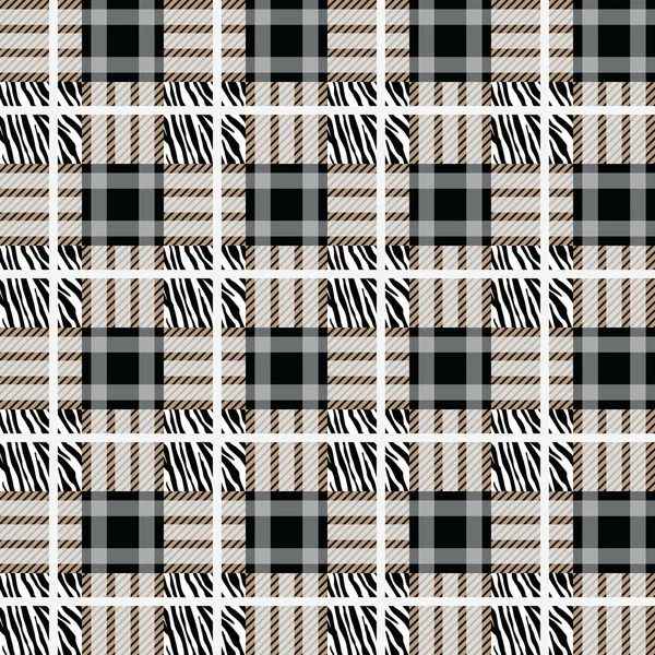 Kariertes Tartan Nahtlos Mit Zebrastreifen Muster Zebradruck Tierhaut Tigerstreifen Abstraktes — Stockvektor