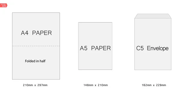 Creatieve vectorillustratie van leeg Witboek C5 enveloppen sjabloon geïsoleerd op witte achtergrond instellen. Internationale tandard A5 maten. Kunst design leeg voorbeeld verpakking brief. Grafisch element — Stockvector