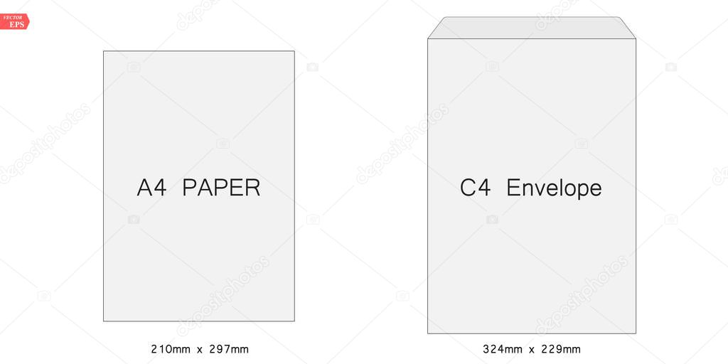C4 blank mockup white letter paper envelope. Vector template of A4 C4, A5 C5, A3 C3
