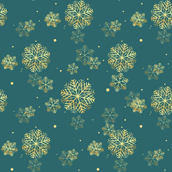 Χρυσή ακτινοβολώντας νιφάδες χιονιού χωρίς ραφή πρότυπο σε πράσινο φόντο. EPS 10 — Διανυσματικό Αρχείο