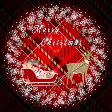 Çam dalları ve geyik, kırmızı tartan zemin üzerine koniler ile Noel çelenk. Vektör çizim. eps10