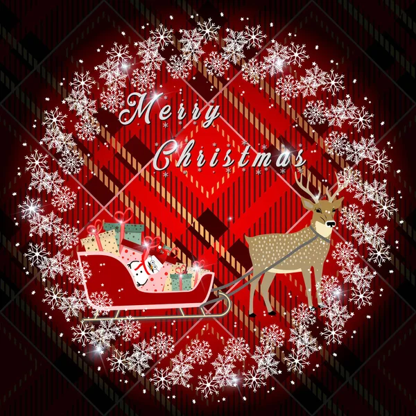 Різдвяний вінок з ялиновими гілками та оленями, конуси на червоному тартановому тлі. Векторні ілюстрації. епс10 — стоковий вектор