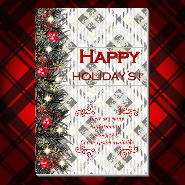 Christmas party invitation with fir, pine and holly berry branches garland. Red tartan background — Stock Vector