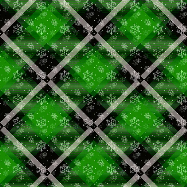Белые снежинки бесшовные с зеленым тартановым рисунком. Сбор зимнего белого снега и новогодних подарков. Векторная иллюстрация. eps 10 — стоковый вектор