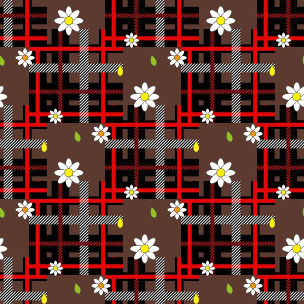 Červený Tartan Kostkované Daisy Květiny Vzor Pestrou Pozadí Pro Textilní — Stockový vektor