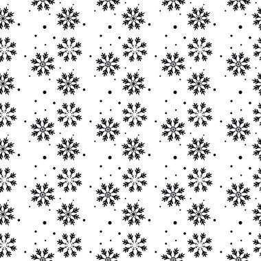Kış siyah kar taneleri ve beyaz arka plan üzerinde noktalar ile seamless modeli. Yeni yıl zemin. Kumaş, tekstil, ambalaj kağıdı, kart, davet, duvar kağıdı için Noel arka plan vektör.