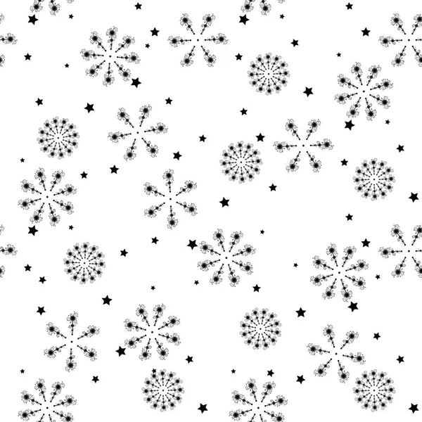 Vánoce, nový rok bezešvé pattern, sněhové vločky čárová ilustrace. Vektorové ikony zimních svátků, studeného sněhu. Celebration party černé bílé opakované pozadí. — Stockový vektor