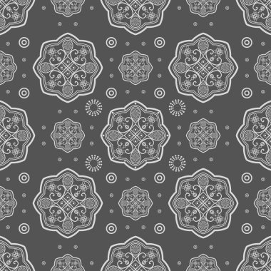 Damasko kesintisiz beyaz süsleme. Geleneksel vektör desen. Klasik oryantal arka plan. Vektör sorunsuz arka plan koyu arka plan üzerinde beyaz lüks süsleme ile