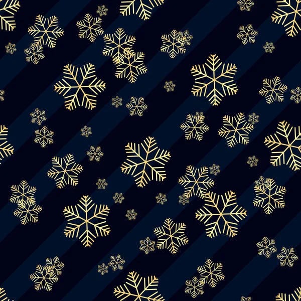 Weihnachten Gold Schneeflocke nahtloses Muster. goldene Schneeflocken auf blau-weißen diagonalen Linien Hintergrund. Winter Schnee Textur Tapete. Symbol Feiertag, Neujahrsfeier Vektor Illustration — Stockvektor