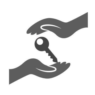 Ev sigorta işareti. El ev anahtarları sembolü tutar. Sigorta mülkiyet. Daire ve kare düğmeleri. Vektör