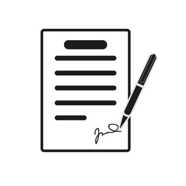 Sözleşme ikonu imzalıyorum. Rapor, mektup, vasiyet. Anlaşma kavramı. İş, eğitim, yazışma gibi konular için kullanılabilir