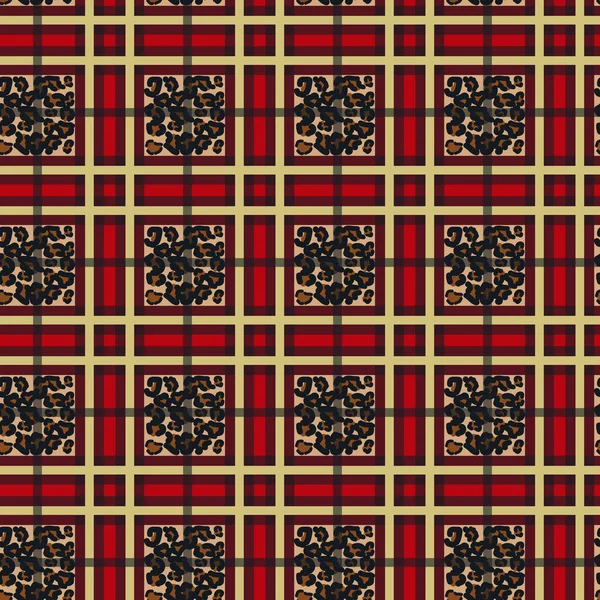 Escocês Vermelho Tartan Grunge Sem Costura Padrão Com Manchas Leopardo —  Vetores de Stock