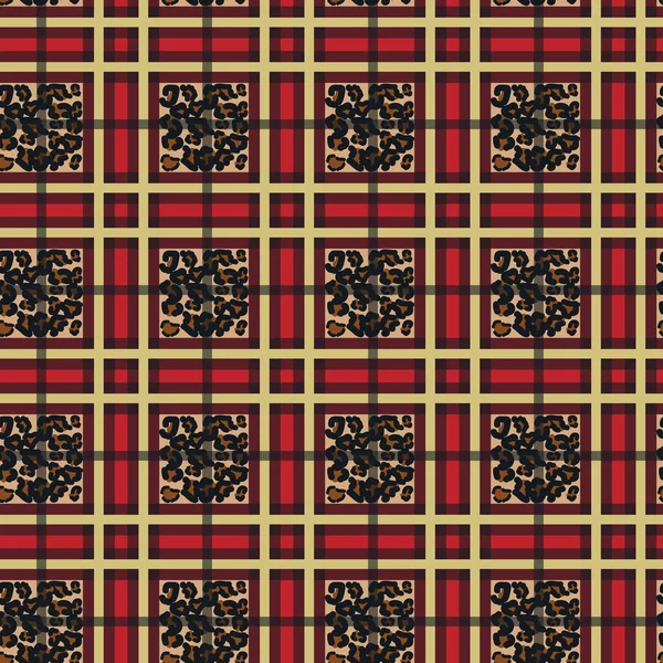 Escocês Vermelho Tartan Grunge Sem Costura Padrão Com Manchas Leopardo — Vetor de Stock