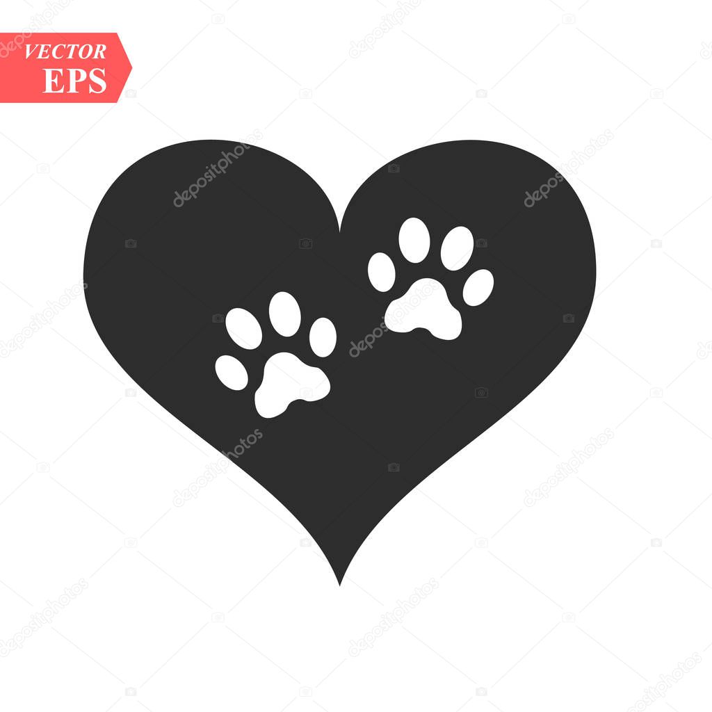 Vector of a white animal pawprint in a black heart on white background to be uses as a logo or illustration eps10