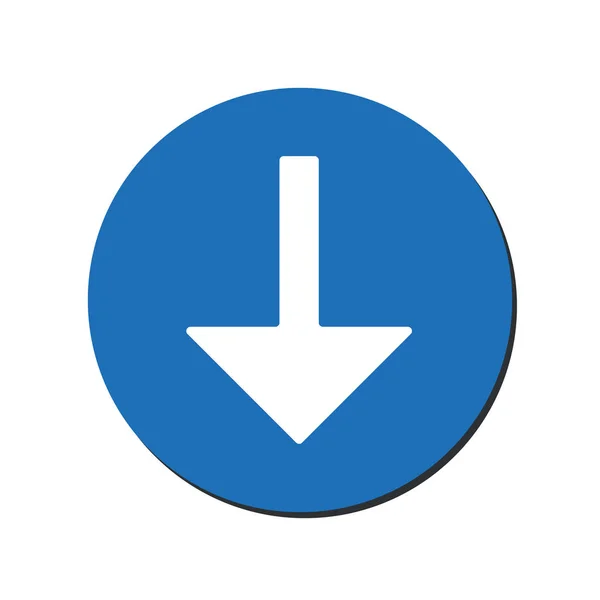 Ikon vektor Arrow Down. Simbol datar bulat ini digambar dengan warna putih pada latar belakang biru . - Stok Vektor