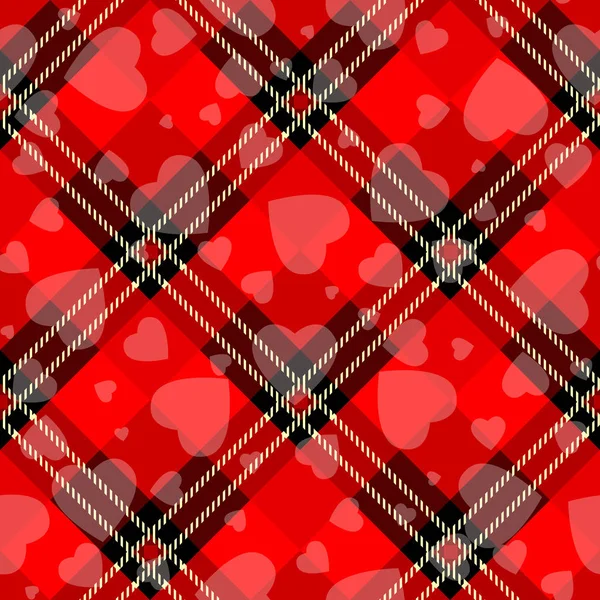 발렌타인 데 두의 일 Hipster 스타일 타탄 버팔로 격자 무늬 벡터 패턴 검은색과 빨간색 하트, 패턴 타일 견본 포함 확인. — 스톡 벡터