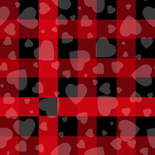 Día de San Valentín Hipster Estilo Tartán y Buffalo Verificar patrones de vectores a cuadros Corazones negros y rojos, Patrones de muestras de azulejos incluidos . — Vector de stock