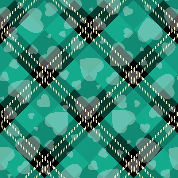 Valentine s Day Hipster Style Tartan et Buffalo Check Plaid Vector Patterns Noir et vert avec des coeurs blancs, Pattern Tile Swatches Inclus. eps10 — Image vectorielle