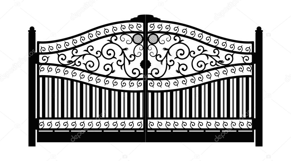 Forged gate. Architecture detail. Black forged gate with decorative lattice isolated on white background. Vector EPS10