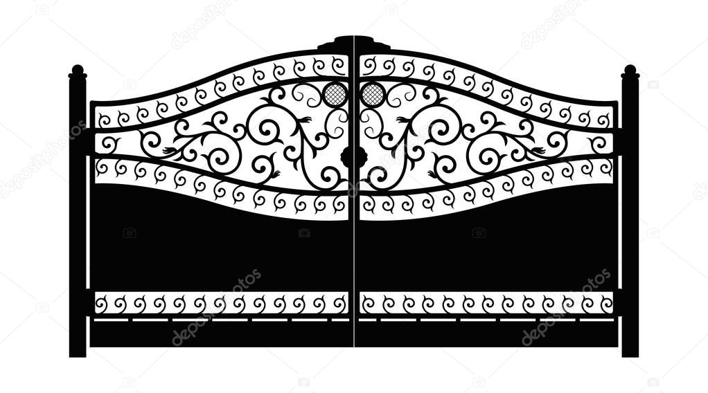 Forged gate. Architecture detail. Black forged gate with decorative lattice isolated on white background. Vector EPS10