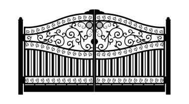 Sahte bir kapı. Mimari detay. Siyah beyaz arka plan üzerinde izole dekoratif kafes ile Iron gate sahte. Vektör Eps 10