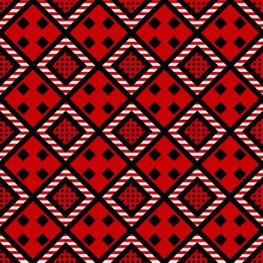 Halk süsleme el Dikişsiz desen çizilmiş. Soyut kabile dokusu. Kırmızı dekoratif arka planda siyah, beyaz Rhombus. Etnik nakış piksel çizimi. Tekstil, duvar kağıdı, ambalaj kağıdı renk tasarımı 
