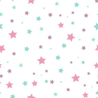 Beyaz zemin üzerine pembe ve mavi keskin yıldız ile Dikişsiz soyut desen. Vektör çizim. Vektör havai fişek illüstrasyon. Cosmos doku kağıt, ambalaj ve kumaş için. Sihirli gökyüzü