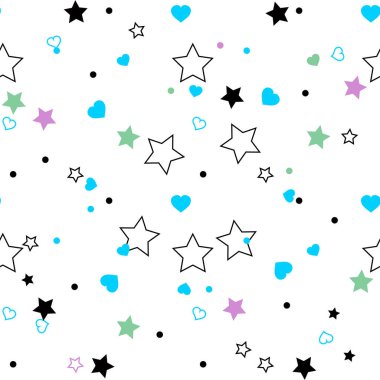 Kırmızı, mavi ve siyah yıldızlar, beyaz arka planda kalpler ile Dikişsiz desen. Vektör Illustration