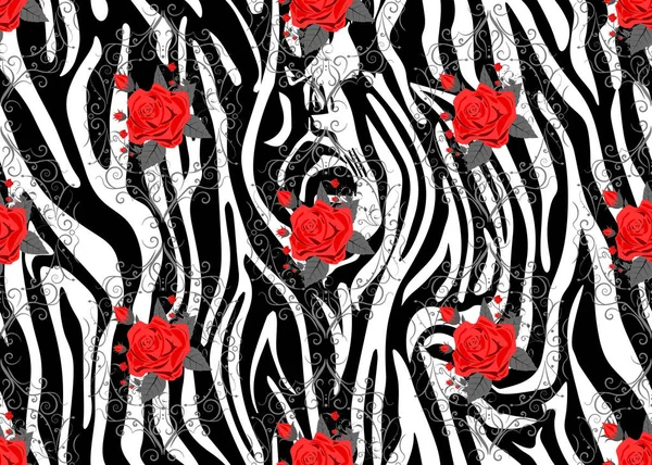 Strisce di zebra con rosa rossa Fiori floreali modello senza soluzione di continuità. Stampa zebra, pelle animale, strisce di tigre, motivo astratto, sfondo linea, tessuto. Incredibile illustrazione vettoriale disegnata a mano. Manifesto, banner — Vettoriale Stock