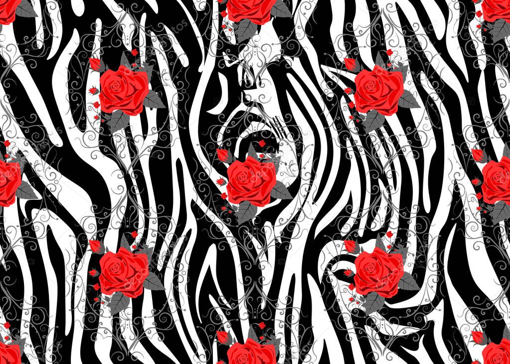 Zebra Stripes with red rose Florals Flowers Seamless Pattern. Zebra print, animal skin, tiger stripes, abstract pattern, line background, fabric. Amazing hand drawn vector illustration. Poster, banner