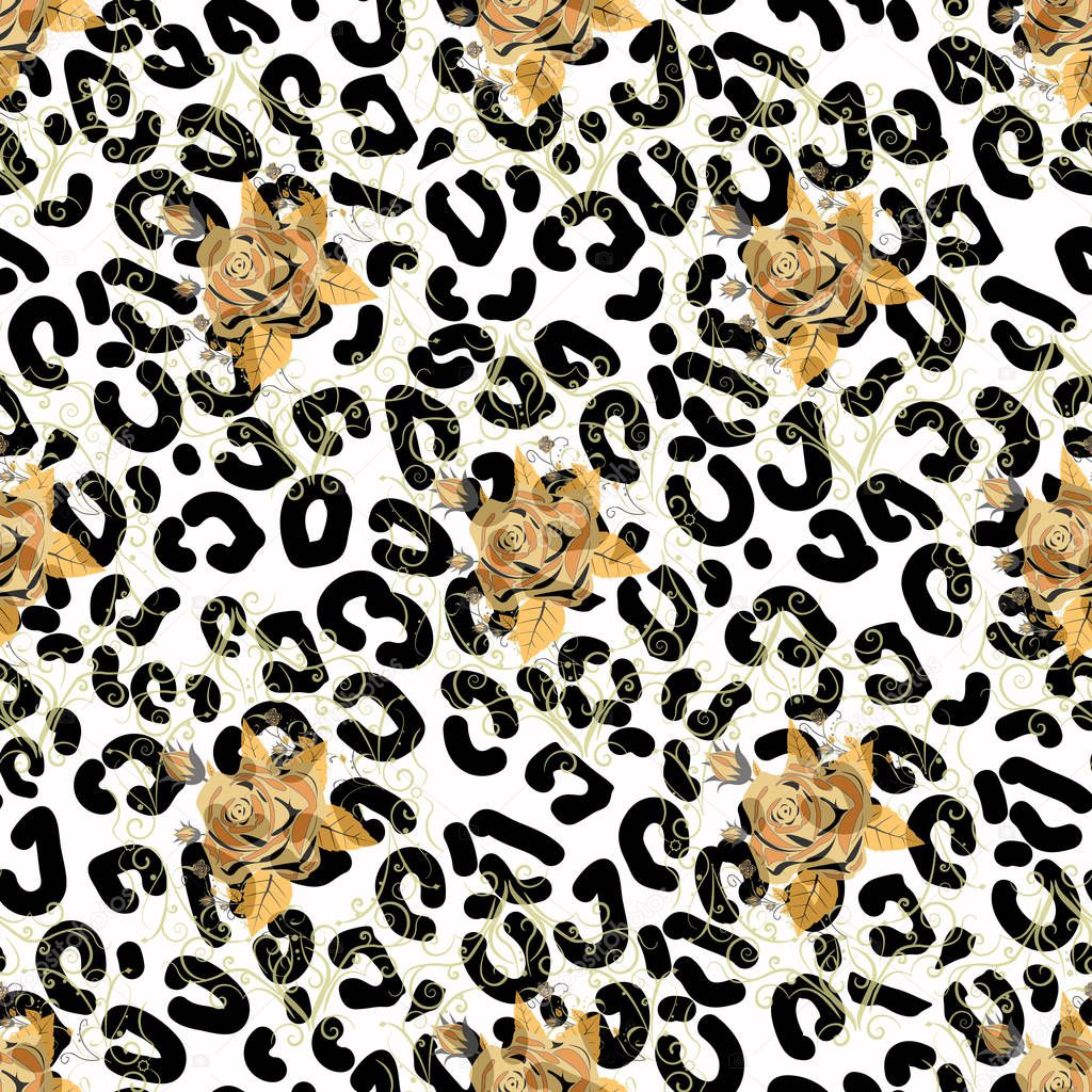 Seamless pattern with leopard print and roses. Vector background with animal skin and flower texture. For printing on fabric, wallpaper, packaging.