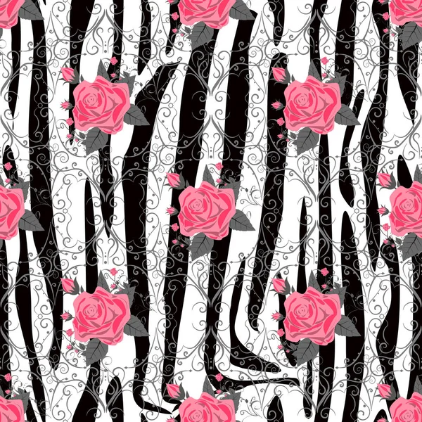 Listras de zebra com rosa vermelha Florais Flores sem costura padrão. Zebra imprimir, pele animal, listras de tigre, padrão abstrato, fundo de linha, tecido. Incrível ilustração vetorial desenhada à mão. Cartaz, banner —  Vetores de Stock