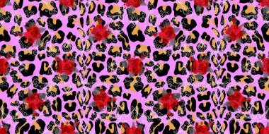 Leopar deri arka plan üzerinde gül buketleri ile Dikişsiz desen