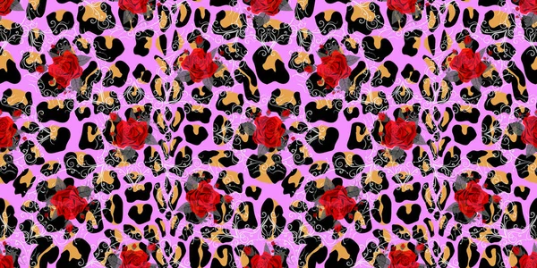 Leopar deri arka plan üzerinde gül buketleri ile Dikişsiz desen