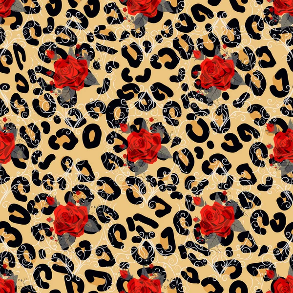 Impression vectorielle sans couture animale florale. Texture léopard et bouquets de fleurs. Rose rouge, pivoine rouge bordeaux, anémone blanche, succulente, orchidée exotique, fuchsia, dahlia. . — Image vectorielle