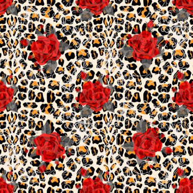 Çiçek hayvan Dikişsiz vektör tasarım baskı. Leopar dokusu ve çiçek buketleri. Kırmızı gül, Bordo Kırmızı şakayık, beyaz Anemone, succulent, egzotik orkide, Fuşya, Dahlia. Trendy moda şık desen. 