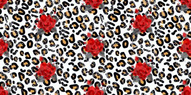 Çiçek hayvan Dikişsiz vektör tasarım baskı. Leopar dokusu ve çiçek buketleri. Kırmızı gül, Bordo Kırmızı şakayık, beyaz Anemone, succulent, egzotik orkide, Fuşya, Dahlia. Trendy moda şık desen. 