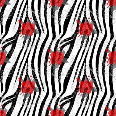 Kırmızı gül çiçekli Zebra Çizgileri. Kusursuz desenli. Zebra izi, hayvan derisi, kaplan çizgileri, soyut desen, çizgi arkaplan, kumaş. Şaşırtıcı el çizimi vektör çizimi. Poster, afiş. eps10