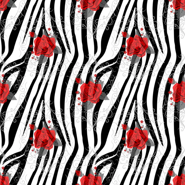 Kırmızı gül çiçekli Zebra Çizgileri. Kusursuz desenli. Zebra izi, hayvan derisi, kaplan çizgileri, soyut desen, çizgi arkaplan, kumaş. Şaşırtıcı el çizimi vektör çizimi. Poster, afiş. eps10