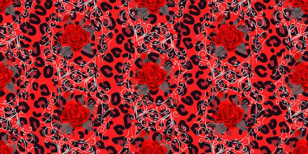 Motif sans couture avec imprimé léopard et roses rouges. Fond vectoriel avec peau animale et texture florale. Pour impression sur tissu, papier peint, emballage. eps10 — Image vectorielle