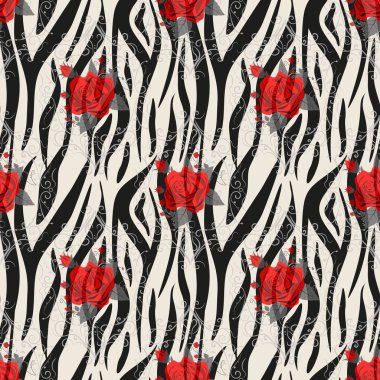 Kırmızı gül çiçekli Zebra Çizgileri. Kusursuz desenli. Zebra izi, hayvan derisi, kaplan çizgileri, soyut desen, çizgi arkaplan, kumaş. Şaşırtıcı el çizimi vektör çizimi. Poster, afiş. eps10