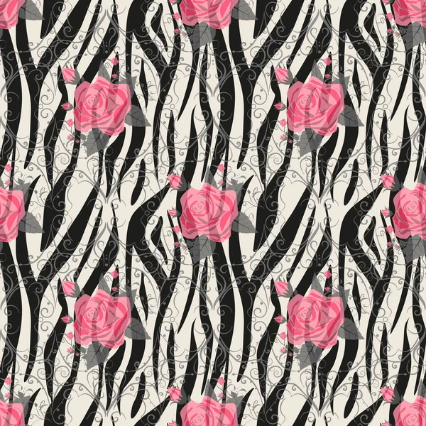 Listras de zebra com vermelho rosa Flores Padrão sem costura. Zebra imprimir, pele animal, listras de tigre, padrão abstrato, fundo de linha, tecido. Incrível ilustração vetorial desenhada à mão. Cartaz, banner. eps10 — Vetor de Stock