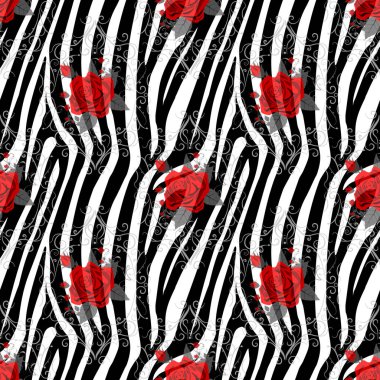 Kırmızı gül çiçekli Zebra Çizgileri. Kusursuz desenli. Zebra izi, hayvan derisi, kaplan çizgileri, soyut desen, çizgi arkaplan, kumaş. Şaşırtıcı el çizimi vektör çizimi. Poster, afiş. eps10