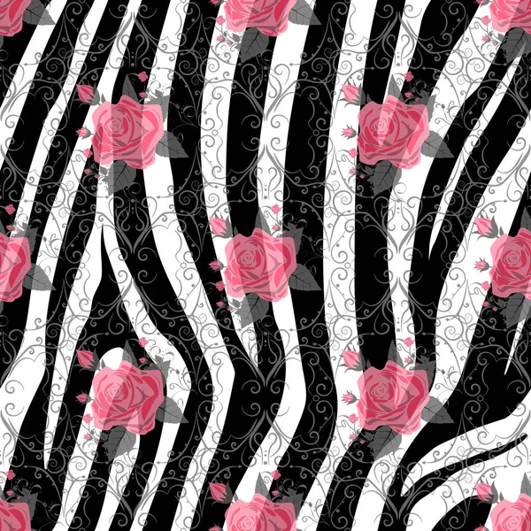 Полоски зебры с красной розой Flowers Seamless Patrol. Зебра, шкура животного, полосы тигра, абстрактный рисунок, фон, ткань. Удивительная рисованная вручную векторная иллюстрация. Плакат, баннер. eps10 — стоковый вектор