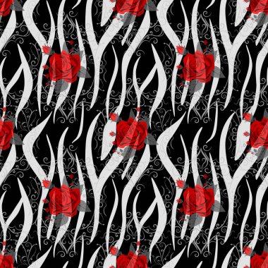 Kırmızı gül çiçekli Zebra Çizgileri. Kusursuz desenli. Zebra izi, hayvan derisi, kaplan çizgileri, soyut desen, çizgi arkaplan, kumaş. Şaşırtıcı el çizimi vektör çizimi. Poster, afiş. eps10