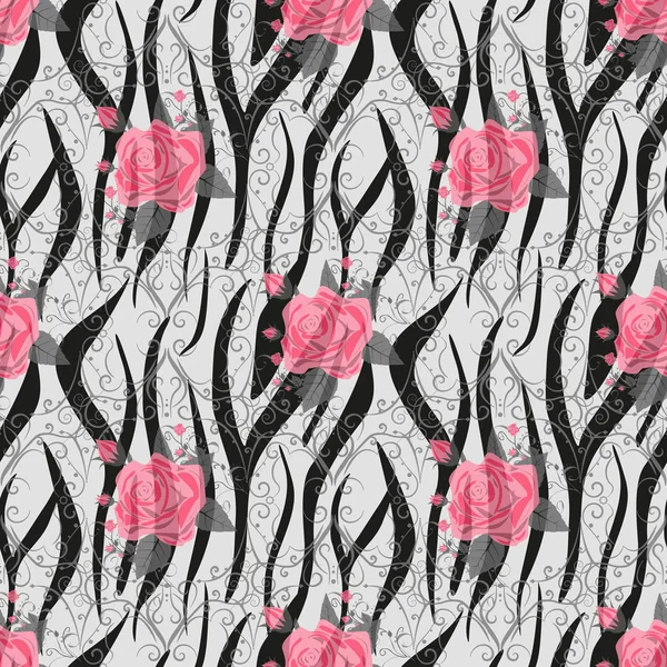 Zèbre rayures avec des fleurs roses rouges motif sans couture. Imprimé zèbre, peau d'animal, rayures de tigre, motif abstrait, fond de ligne, tissu. Illustration vectorielle dessinée à la main incroyable. Affiche, bannière. eps10 — Image vectorielle