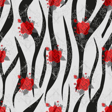 Kırmızı gül çiçekli Zebra Çizgileri. Kusursuz desenli. Zebra izi, hayvan derisi, kaplan çizgileri, soyut desen, çizgi arkaplan, kumaş. Şaşırtıcı el çizimi vektör çizimi. Poster, afiş. eps10