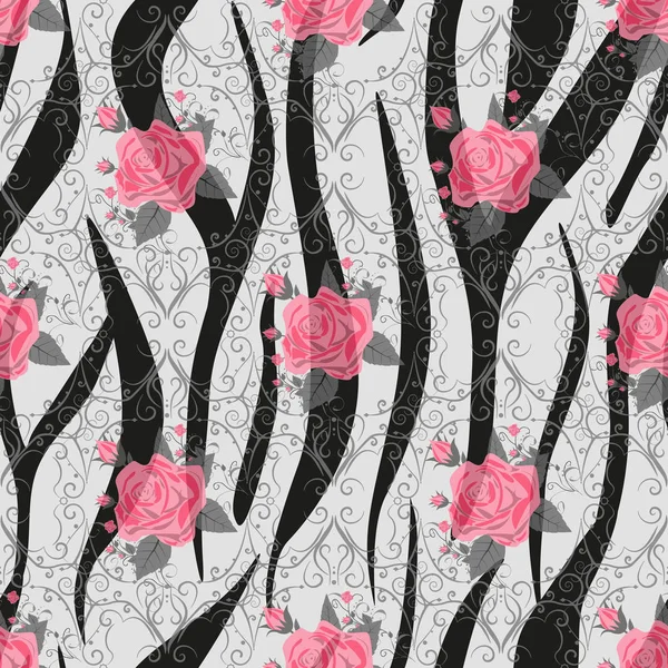 Listras de zebra com vermelho rosa Flores Padrão sem costura. Zebra imprimir, pele animal, listras de tigre, padrão abstrato, fundo de linha, tecido. Incrível ilustração vetorial desenhada à mão. Cartaz, banner. eps10 —  Vetores de Stock